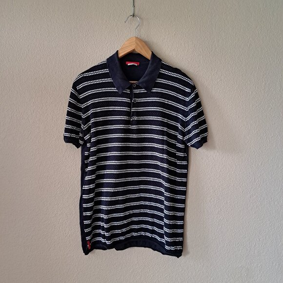 💜Prada 00ss Blue and White Knit Stipes Short Sleeve Polo Size Small - Picture 1 of 7